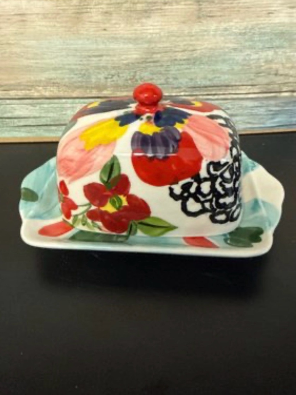 Anthropologie Painted Amaryllis Butter Dish Vibrant Floral Stoneware Art Deco